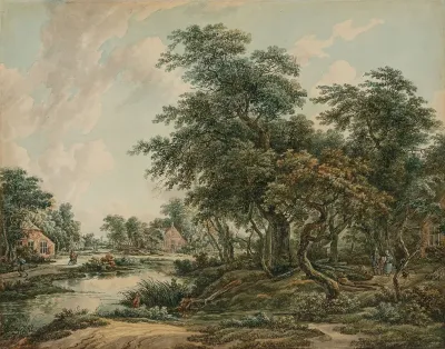 Paysage Arbore Avec Figures Et Maisons Au Bord Du Rivage