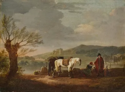 Paysage Aux Cavalier Et Lavandieres