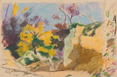 Paysage Avec Arbres Et Rochers Et Essais De Couleurs