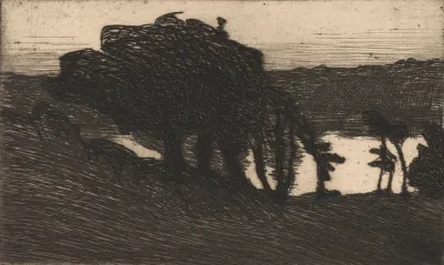 Paysage Avec Des Arbres Sombres Et Une Riviere