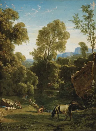 Paysage Classique Avec Personnages Pres Dun Lac