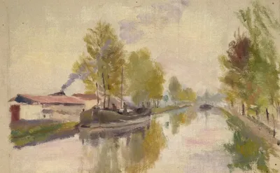 Paysage Fluvial Et Son Reflet Au Couchant Rose