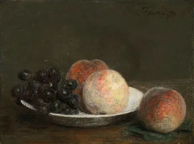 Peaches And Grapes In A Porcelain Bowl