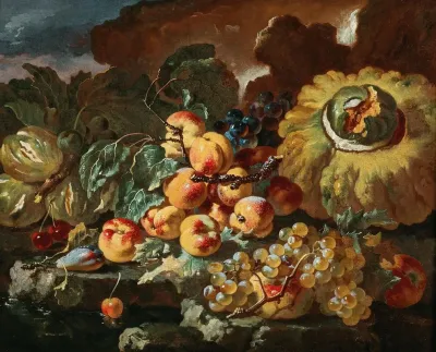 Peaches Apples Plums And Cherries By A Pumpkin On A Stone Ledge