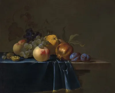 Peaches Grapes Pomegranate And Plums On An Entablature