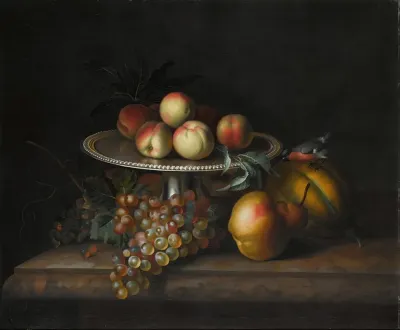 Peaches On A Silver Tazza With Grapes A Pear A Melon And A Bird On A Marble Ledge