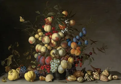 Peaches Plums Oranges Apples Cherries Grapes Red Currants Black Currants Crab Apples And Other Fruit In A Pewter Vase