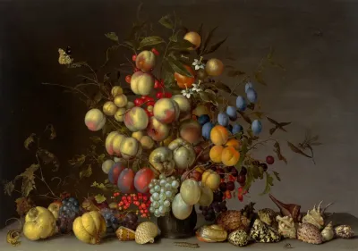 Peaches Plums Oranges Apples Cherries Grapes Redcurrants Blackcurrants Crab Apples And Other Fruit In A Pewter Vase