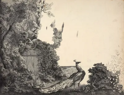 Peacock And Statue Of A Child In A Landscape