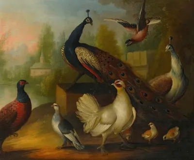 Peacocks Chickens And Other Birds In A River Landscape