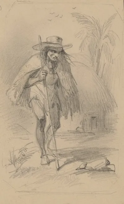 Peasant Carrying Staff Wearing Large Hat And Short Cape Thatch Hut In Background