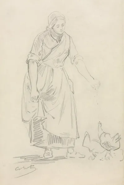 Peasant Girl Feeding Chickens