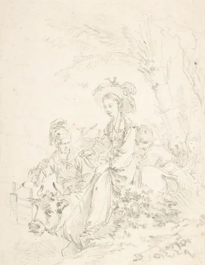 Peasant Girl Riding An Ox With Companions