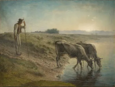 Peasant Watering His Cows On The Bank Of The Allier River Dusk
