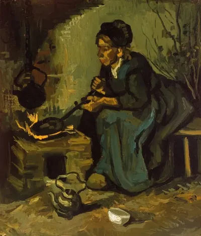 Peasant Woman Cooking By A Fireplace