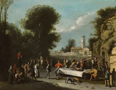 Peasants Carousing And Feasting In A Landscape With Ruins A Church Beyond