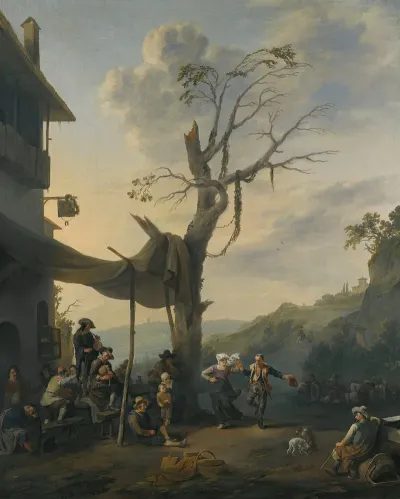 Peasants Dancing The Tarantella Outside An Inn In A Hilly Italianate Landscape