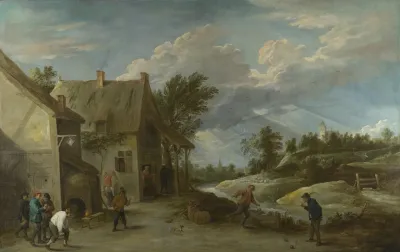 Peasants Playing Bowls Outside A Village Inn