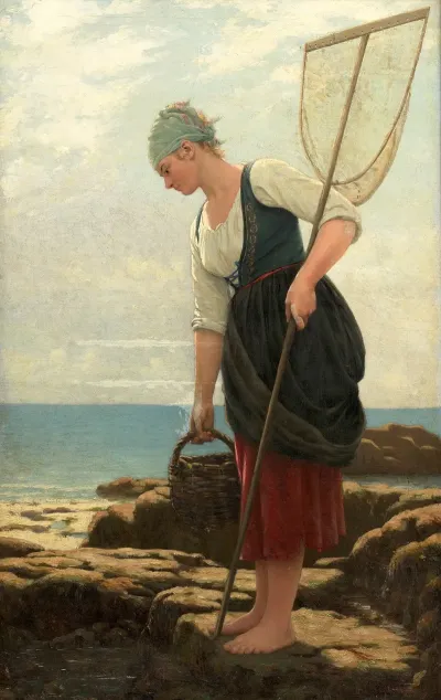 Pecheuse Au Filet Dans Les Rochers