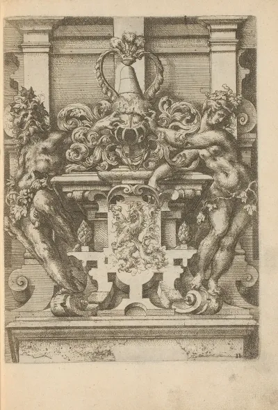 Pedestal With Coat Of Arms Flanked By Man And Woman Dressed In Foliage