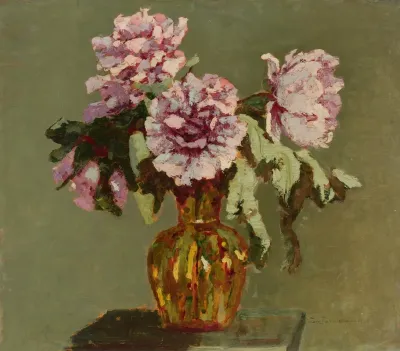Peonies And Small Yellow Flower Vase