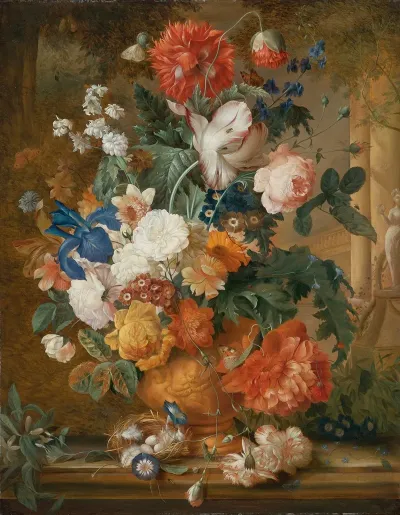 Peonies Roses Carnations An Iris Anemones Auricula And Other Flowers In A Terracotta Vase
