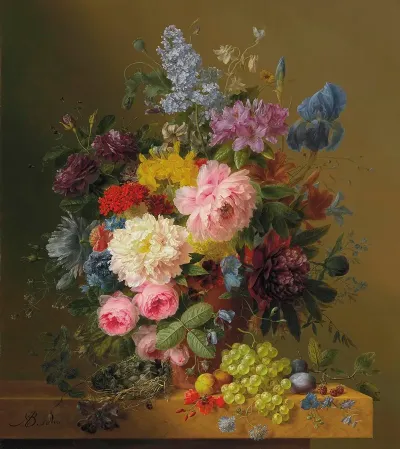 Peonies Tulips Roses Irises And Other Flowers With Fruit And A Birds Nest On A Marble Ledge