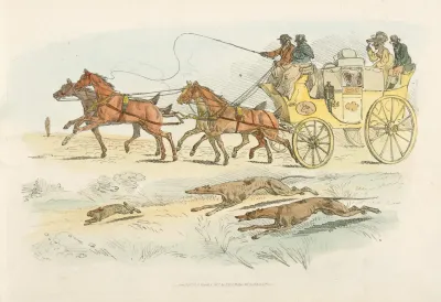 People On A Carriage Watching Dogs Chasing A Rabbit
