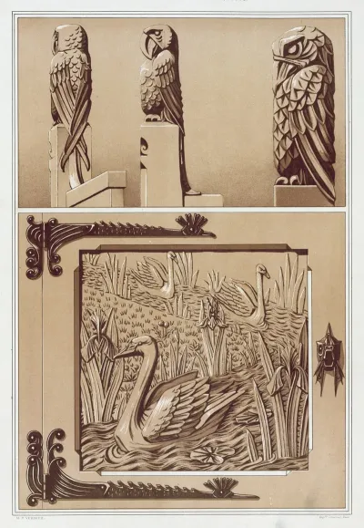Perroquets Aigle Bois Sculpte Cygnes Et Iris Porte En Bois Sculpte