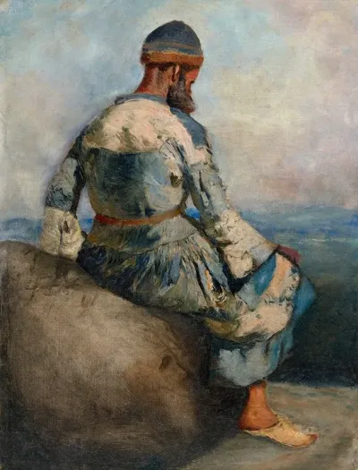Persian Peasant Seated Atop A Rock