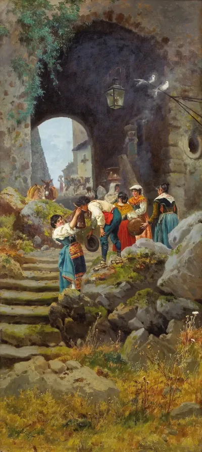 Personnages A Lentree Dun Village En Italie