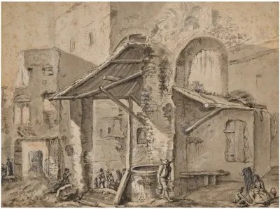 Personnages Devant Des Habitations Et Des Ruines