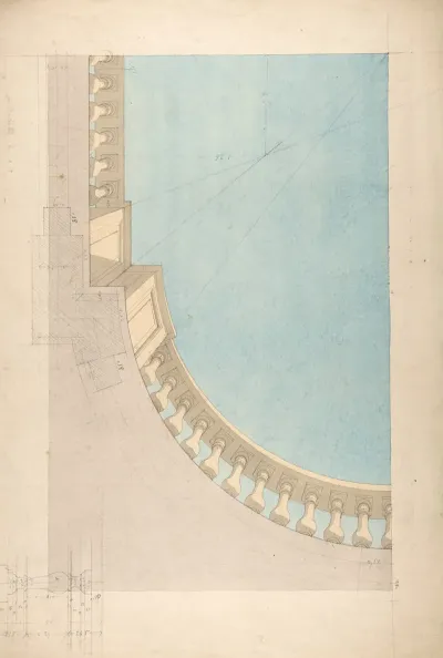 Perspectival Study For One Quadrant Of A Ceiling Design Including A Trompe Loeil Balustrade