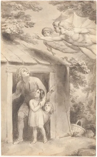 Peter And His Children Visited By Three Flying Figures
