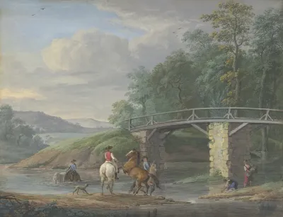Pferde In Der Schwemme Bei Einer Brucke Rechts Zwei Wascherinnen