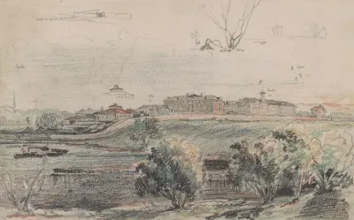 Philadelphia Or Possibly Camden Probably From The Banks Of The Delaware Given The Steam Ferry Boat At Left