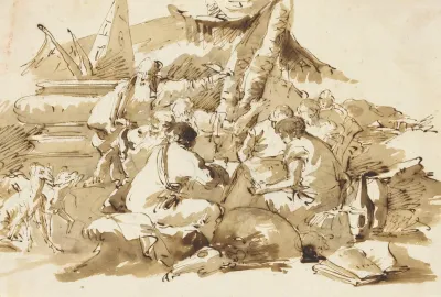 Philosophers Instructing Pupils By An Antique Sarcophagus