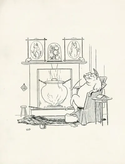 Pig Sits By The Fire On The Wolf Rug