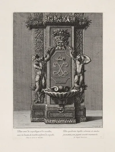 Pillar Decorated With Shells And Stones With A Marble Massin In The Shape Of A Cockleshell