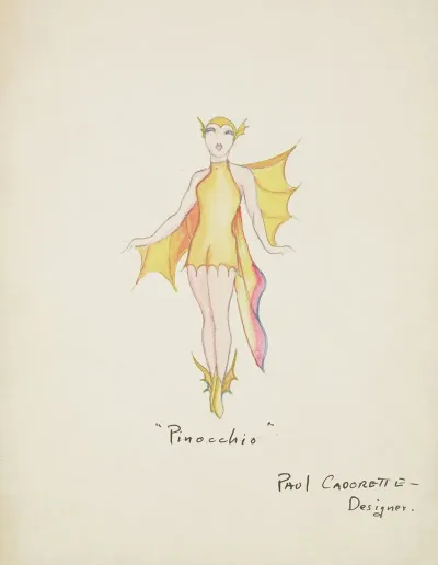 Pinocchio Short Yellow Dress With Soft Flowing Silk Fins On Arms And Iridescent Silk Tail