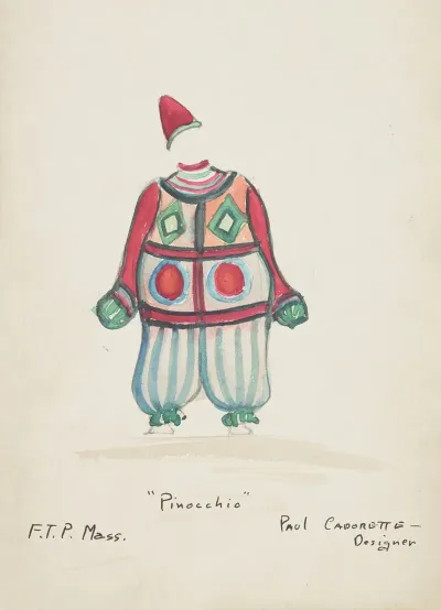 Pinocchio Striped Green And White Puffy Trousers Red Top With Multicolored Shapes Red Pointed Cap