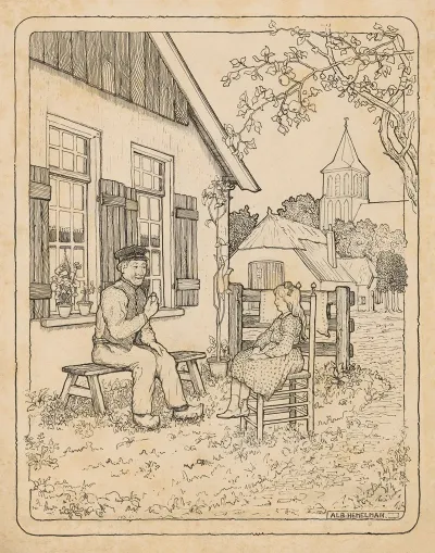 Pipe Smoking Dakhuis Sitting In Front Of His House With Trees
