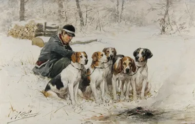 Piqueur Et Sa Meute Dans La Neige