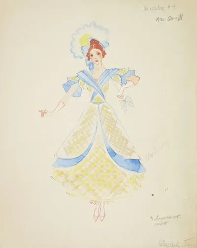Pirates Of Penzance Daughter 4 Yellow Plaid Gown With Blue Ribbons