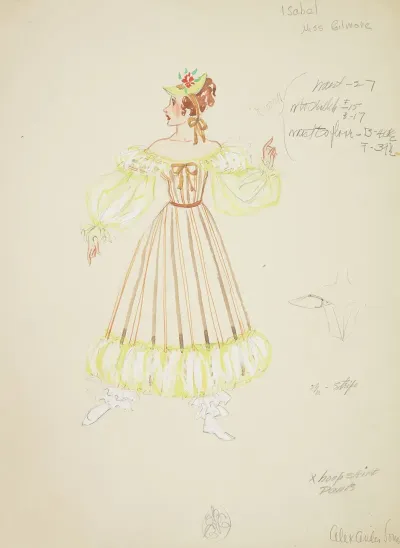 Pirates Of Penzance Isabel Brown Striped Gown With Yellow Sleeves And Hem