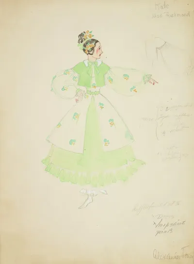 Pirates Of Penzance Kate Patterned Cream Dress With Green Underskirt And Green Coat