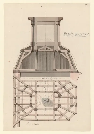 Plan Et Coupe Dun Projet En Charpante Pour Elever Au Dessus Des Deux Escaliers De Leglise De La Madeleine