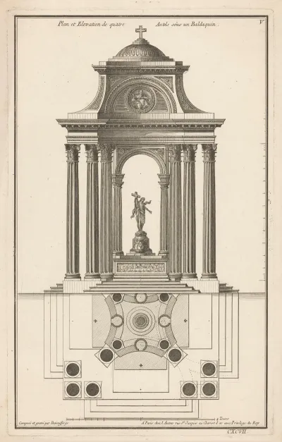 Plan Et Elevation De Quatre Autels Sous Un Baldaquin