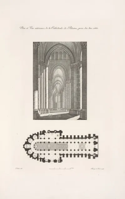 Plan Et Vue Interieure De La Cathedrale De Rheims Prise Des Bas Cotes
