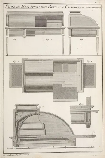 Plans Et Elevations Dun Bureau A Cylindre Avec Ses Developpements